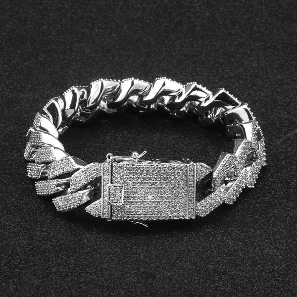 

20mm iced out mens zircon curb cuban link bracelet hip hop jewelry gold silver thick heavy copper material cz chain bracelet, Golden;silver
