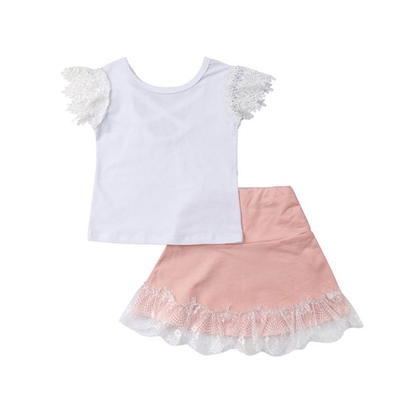 

2019 kids baby girls princess lace sleeve + lace edge skirt 2pcs outfit set summer, White