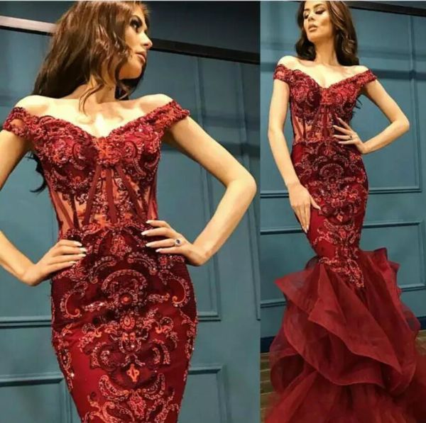 

red mermaid prom dress off the shoulder lace appliqued beaded tiered skirts ruffles gorgeous evening dress custom made formal occasion gowns, Black;red