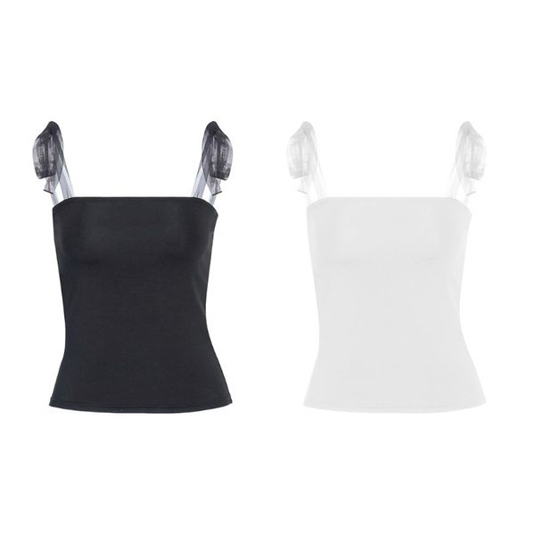 

women summer off shoulder tank mesh ribbon tie shoulder strap camisole bodycon sleeveless backless vest, White
