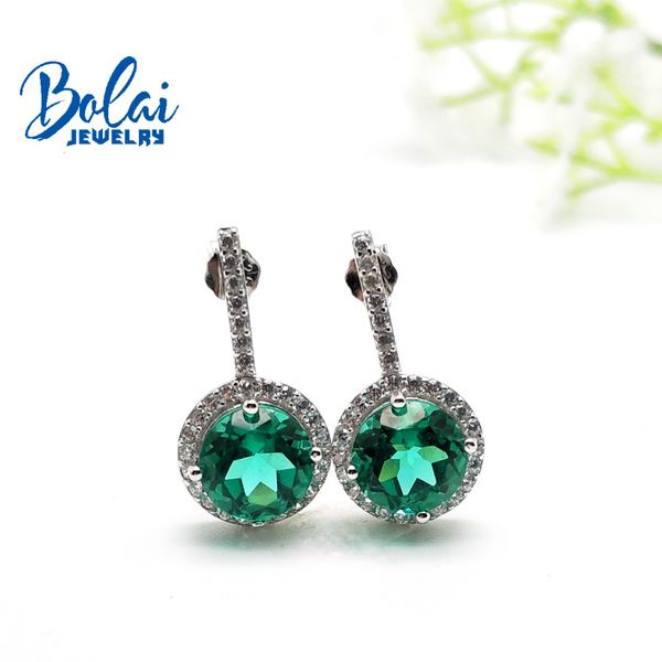 

bolaijewelry, created green emerald round 8.0mm earring 925 sterling silver fine jewelry for women gift, Golden;silver