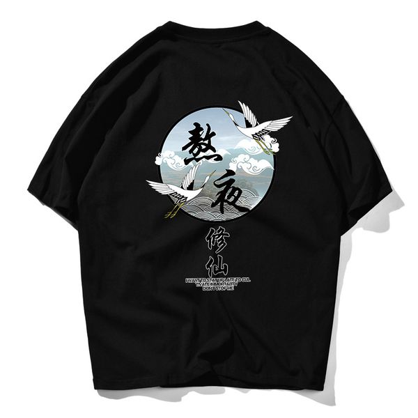 

men's chinese style cotton large size loose t-shirt trend street harajuku shoulder retro printing casual couple tshirt, White;black