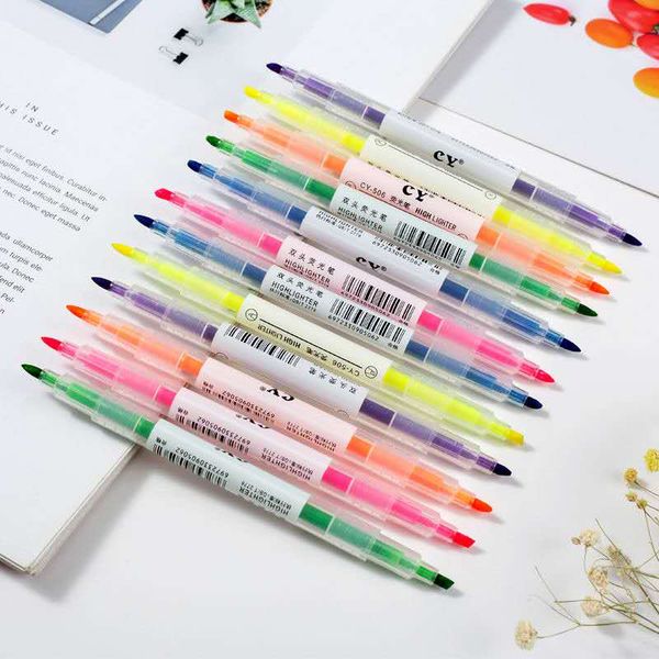 

3pcs random color double head highlighter color pen candy colored key mark pens oblique head marker six colors in box, Black;red