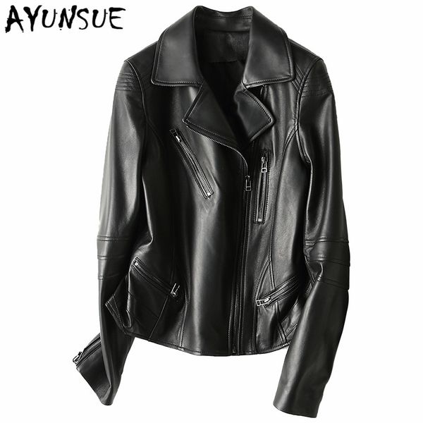 

ayunsue 2019 spring genuine leather jacket casual real sheepskin coat for women short coats streetwear moto jacket outwear 69005, Black