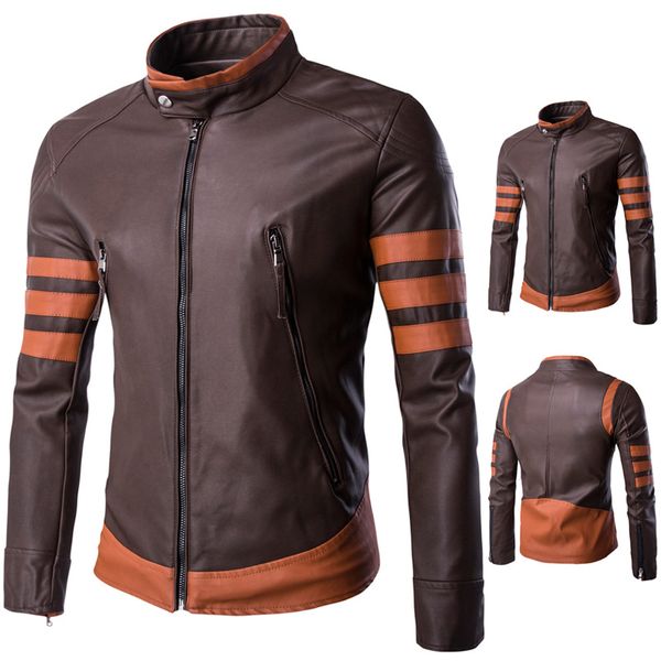 

spring autumn and winter fashion men's diamond wolf pu leather brown jacket motorcycle leather large size men clothes 2019, Black