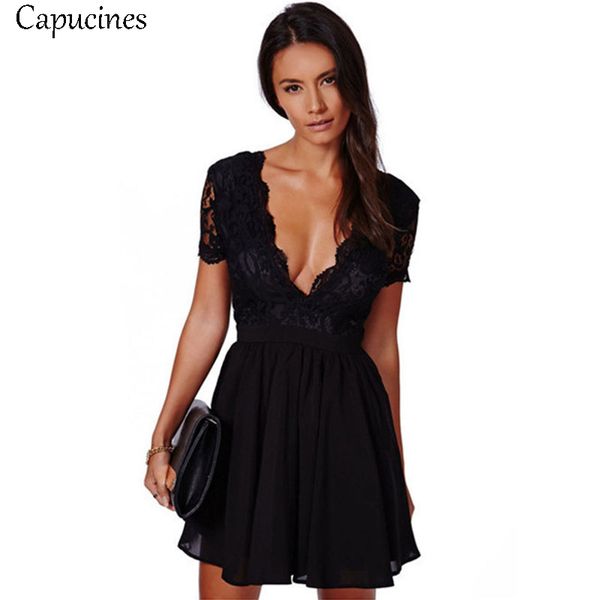 

capucines black deep v-neck lace patchwork summer dress women's short sleeve a-line slim chiffon party club mini dresses, Black;gray