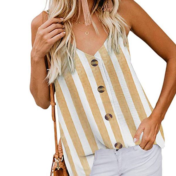 

women striped print v neck button down sleeveless tank vest for summer beach js24, White