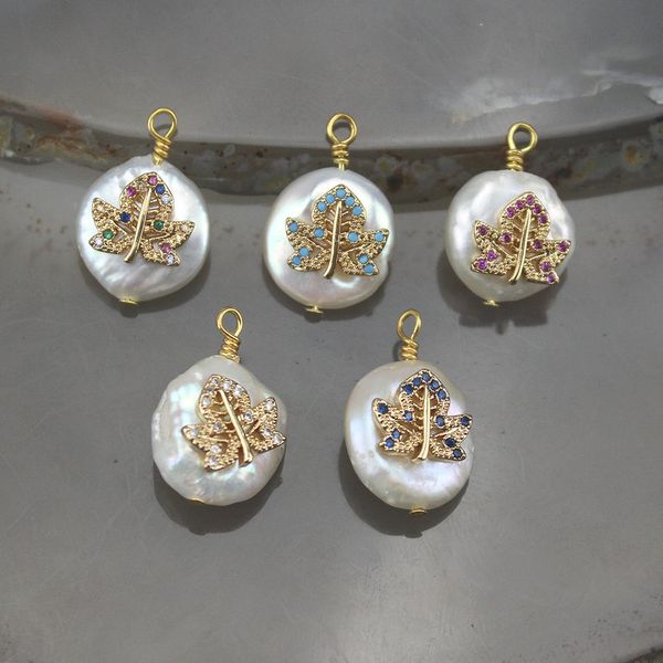 

10-20mm10pcs/lot random mixed fashion freshwater pearl pendant, leaves shape cz micro pave charm, irregular pearl accessories, Bronze;silver