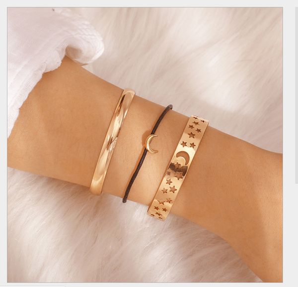 

2019 bohemian retro personality moon star pendant small black rope alloy bracelet bracelet 3 piece set