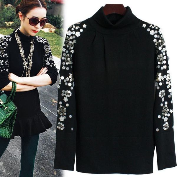 

2018 new beaded black turtleneck sweater bottoming sweater woman, White;black