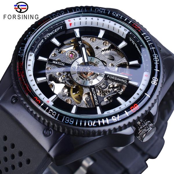 

forsining 2019 sport automatic mechanical mens watch black clock silicone band fashion skeleton erkek kol saati, Slivery;brown