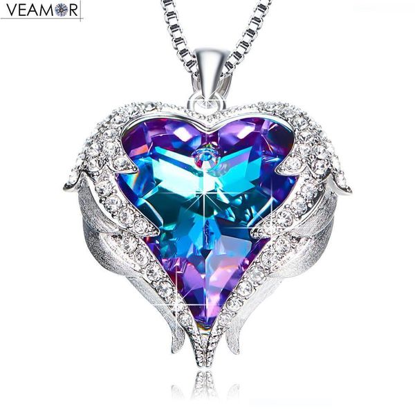 

veamor angel wings necklaces purple crystal heart pendant necklace gifts for women girls austria crystals fashion jewelry, Silver