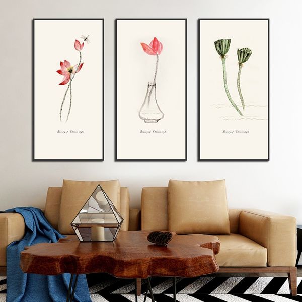 

ink lotus canvas painting chinese traditional high-definition triptych painting zen and decorative painting living room