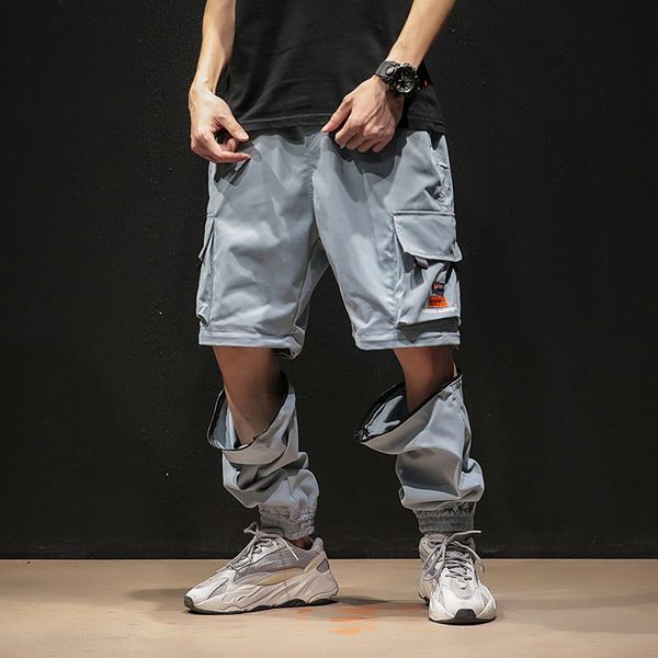 

men fashion streetwear mens jogger pants youth casual summer ankle length cargo trousers loose brand detachable pants leg mid, Black