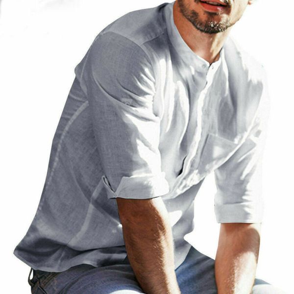 

men casual style shirts full sleeve length single breasted closure type solid pattern regular sleeve style mandarin collar, White;black
