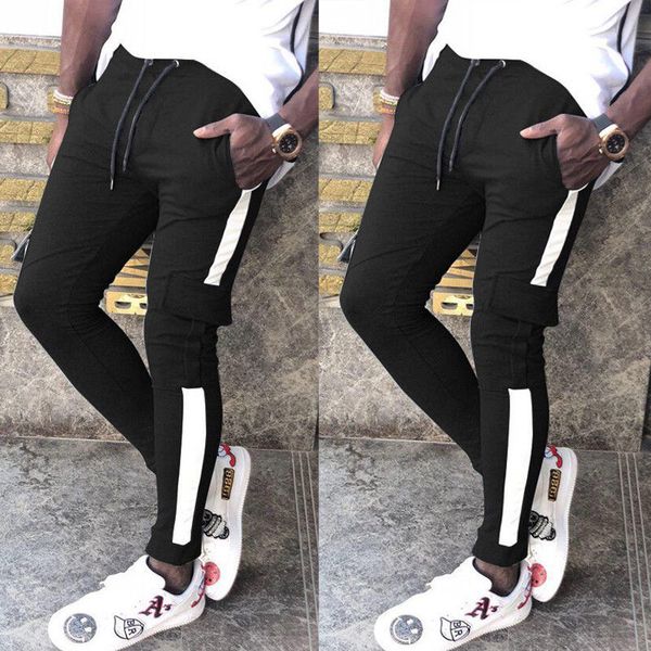 

2018 new style fashion men's slim fit patchwork bottoms skinny high waist ankle length pants pocket trousers, Black