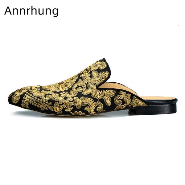 

black men slippers retro gold embroidery shoes men round toe slingbacks mules cozy leather sole casual shoes slippers 2019