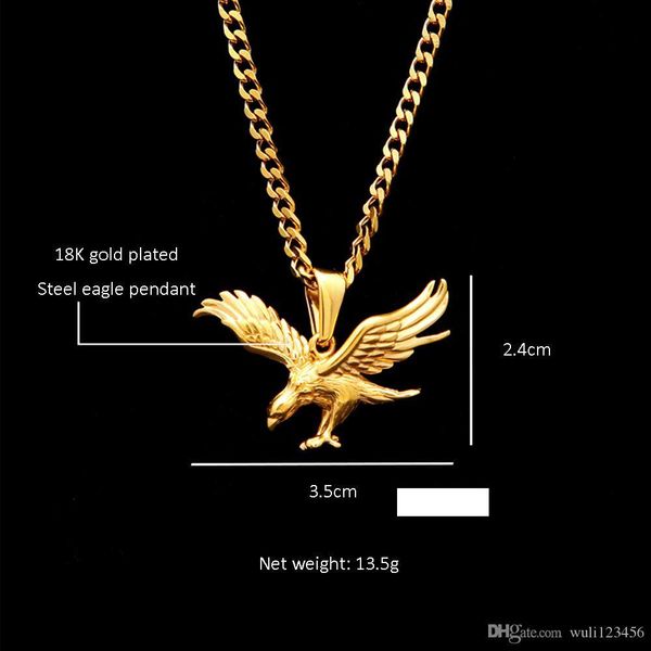 

europe and the united states personality handmade retro hip hop men's stainless steel vacuum gold-plated dapeng wings eagle pendant cha, Silver