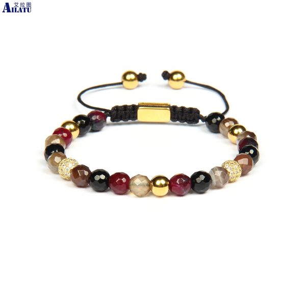 

ailatu new women's wristband macrame bracelets with 6mm faceted botswana onyx beads stainless steel jewelry, Golden;silver