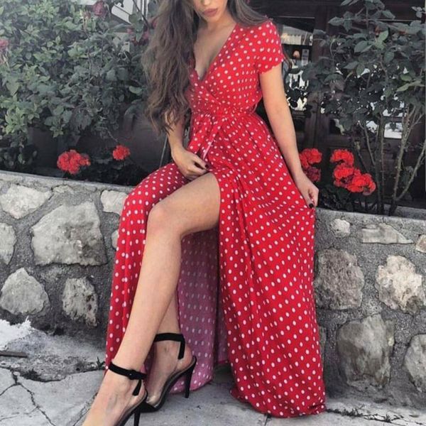 

women fashion vestidos long dress 2018 vintage vacation dress ladies beachwear holiday red dot white, Black;gray
