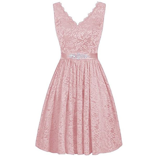 

new arrival dusty pink lace bridesmaid dresses v-neck a-line vintage maid of honor dresses sash bodice short dresses for wedding guest, White;pink