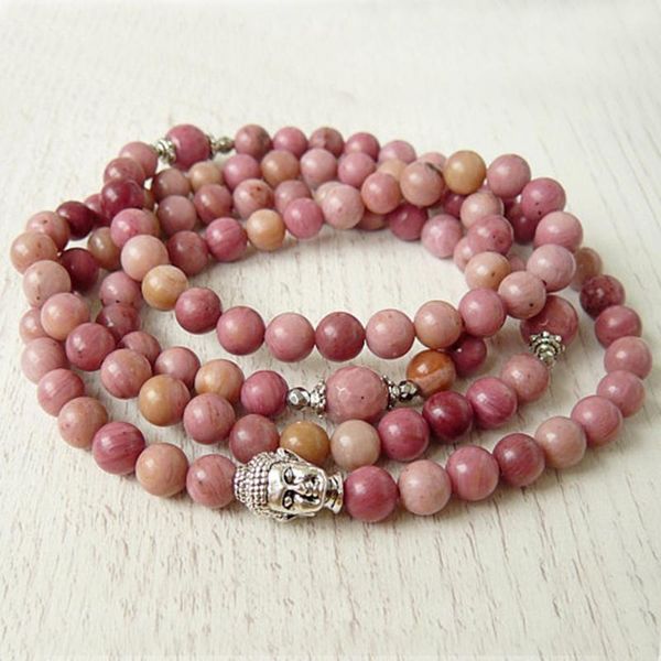 

108 mala buddha wrap bracelet meditation yoga pink rhodonnite 108 beads mala energy necklaces pink bracelet, Golden;silver