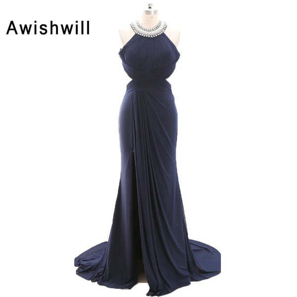 

custom-made navy blue long evening dresses with slit open back crystal beadings chiffon prom dress party gowns, White;black