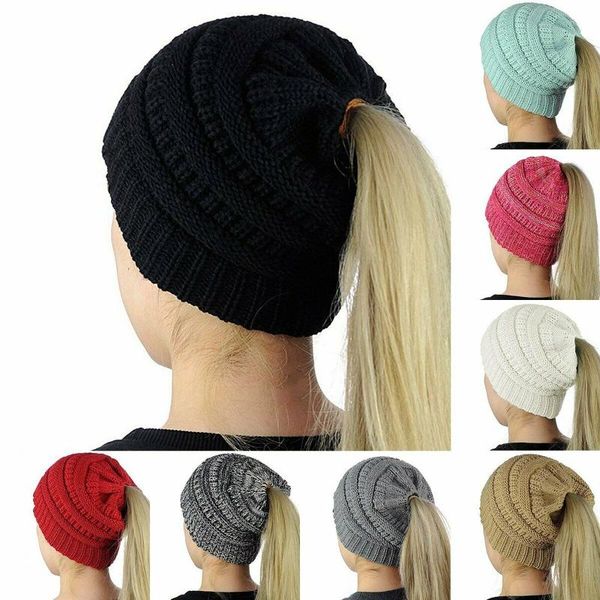 

women's girls stretch knitted wool crochet hats caps messy bun ponytail beanie holey warm hat winter warm cap beanies