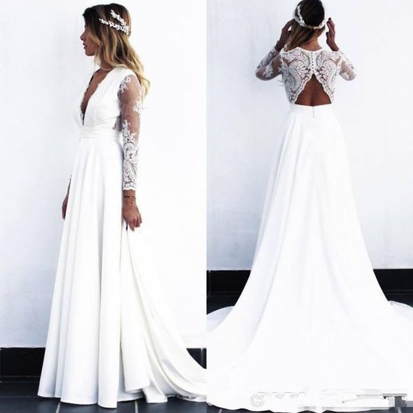 

2019 new white/ivory v neck a line lace wedding dresses sheer long sleeve boho bridal gown beach plus size wedding gow custom made