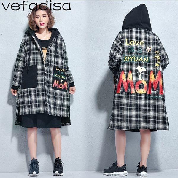 

vefadisa black white lattice hooded parkas women pattern print long irregular coat with pockets long sleeve warm parkas zld609