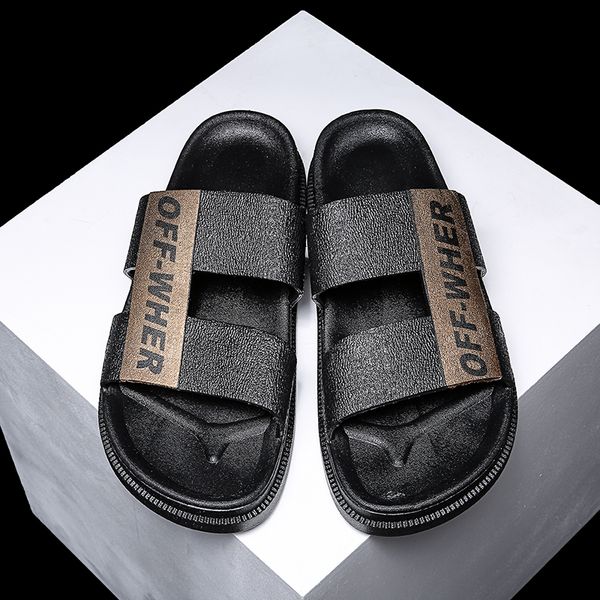 

designer sandals men shoes luxury slide summer fashion wide flat sandals slipper leather flip flops outdoor beach slippers, Black
