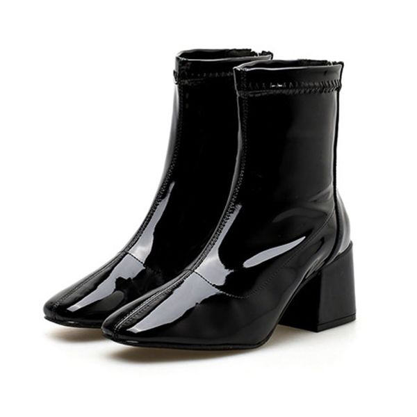 

women's winter ankle boots woman pu leather zipper classic patent short boots female high heel fashion shoes waterproof ladies, Black