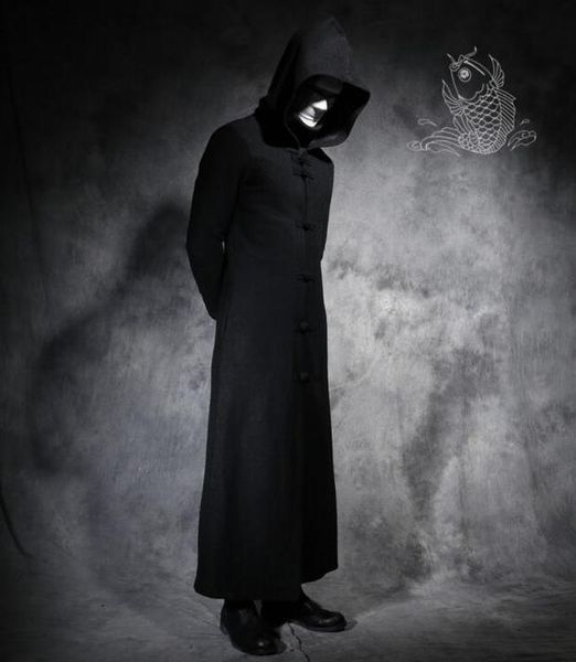 

men's korean slim long section wool coat chinese style retro plate buckle tide men personality jackets stage costume s-3xl, Black
