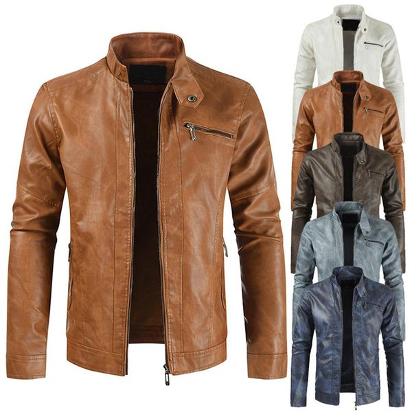 

autumn men jackets solid color leather stand collar bomber jackets erkek mont zip up long sleeve jacket coat chaqueta hombre, Black;brown