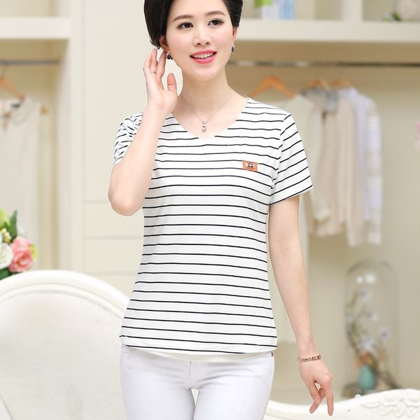 

middle-aged summer clothes t- clothing clothing middle-aged women's striped short-sleeved t-shirt mother's clothes women's sh, White