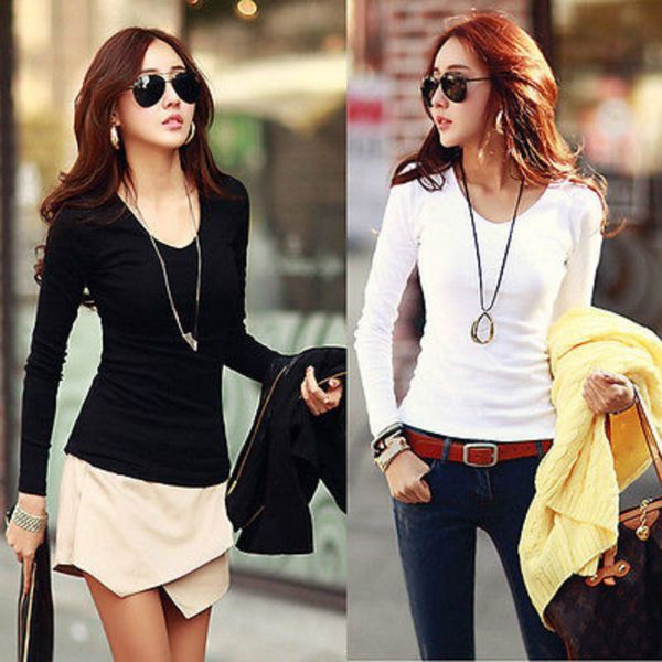 

2019 spring womens cotton t-shirt plain v neck ladies long sleeve stretch t-shirt top, White