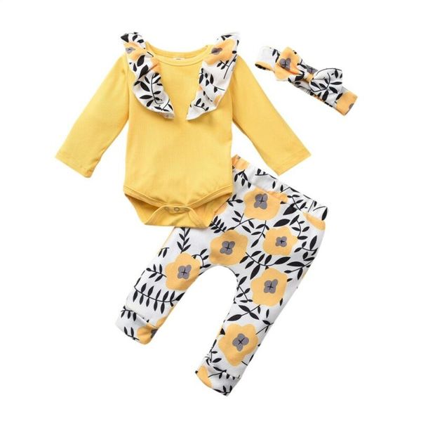 

emmababy newborn baby girl 3pcs outfit long sleeve lace patchwork romper floral pants headband clothes autumn, White