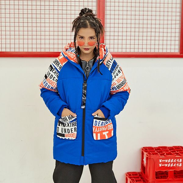 

winter jacket women thick hooded casual coats women's winter jackets blue patchwork print female jacket coat parkas, Black