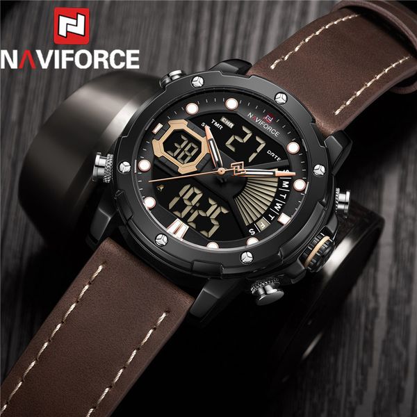 

naviforce classic men watch digital sport man wristwatch genuine leather led quartz male clock 9172, Slivery;brown