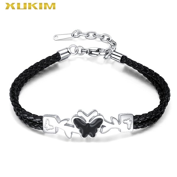

xukim jewelry leather bracelet men butterfly stainless steel bracelet & bangle 2020 punk jewelry dropshipping kbo249, Black