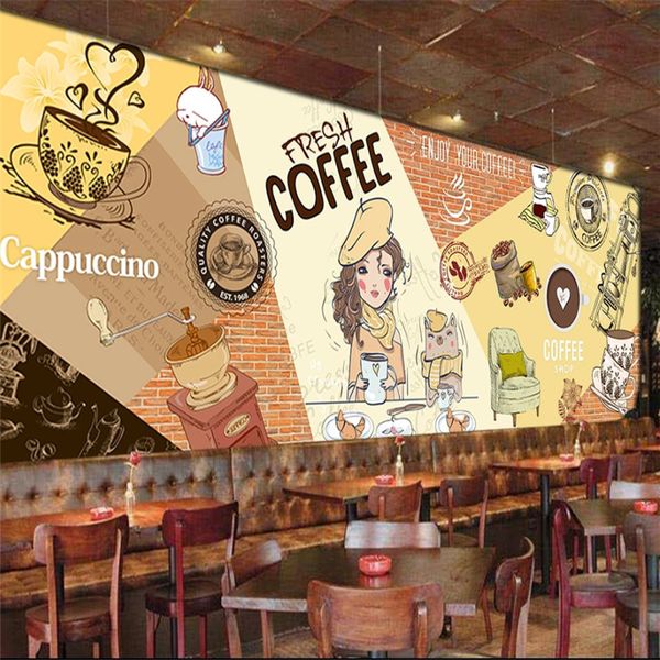 

european cartoon hand drawn fashion girl coffee house background 3d wall paper cafe restaurant snack bar mural wallpaper 3d