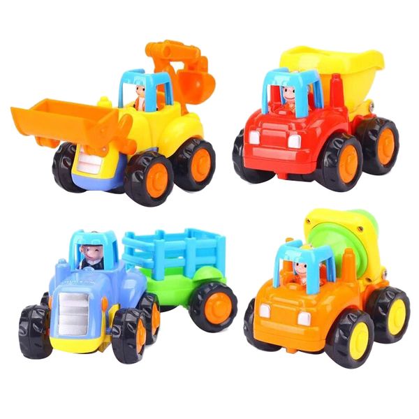 

cartoon friction powered play vehicles for toddlers 4 pack,dump truck, cement mixer, bulldozer, tractor,toy trucks,toddler toys