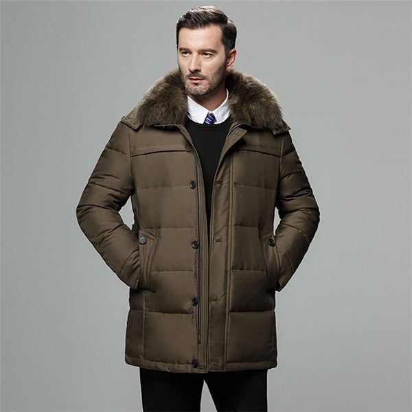

brand men's winter jacket russia long coat hat fur collar thick windproof waterproof 90% white duck down jacket men -25 degree, Black