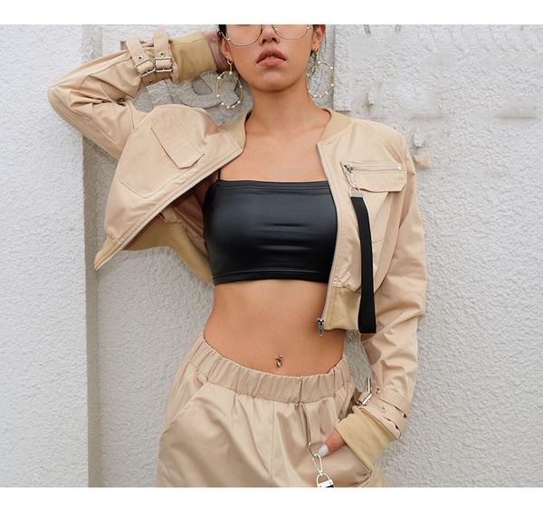 

women outerwear crop bomber jacket long sleeve autumn jacket female pocket pin buckle zipper streetwear, Black;brown