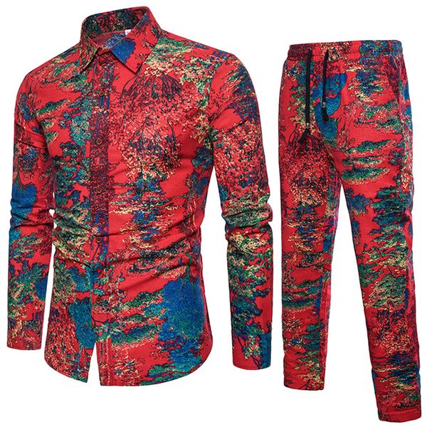 

5xl men red casual long sleeve print linen shirt business slim fit shirt print turn-down collar blouse pants flax men sets, Gray
