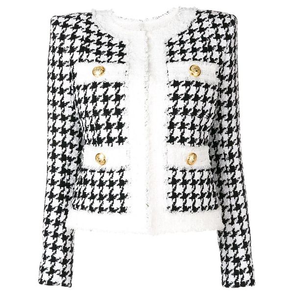 

2019 autumn winter baroque designer jacket women color block zip office lady houndstooth fringed tweed jacket women overcoat 134, Black;brown