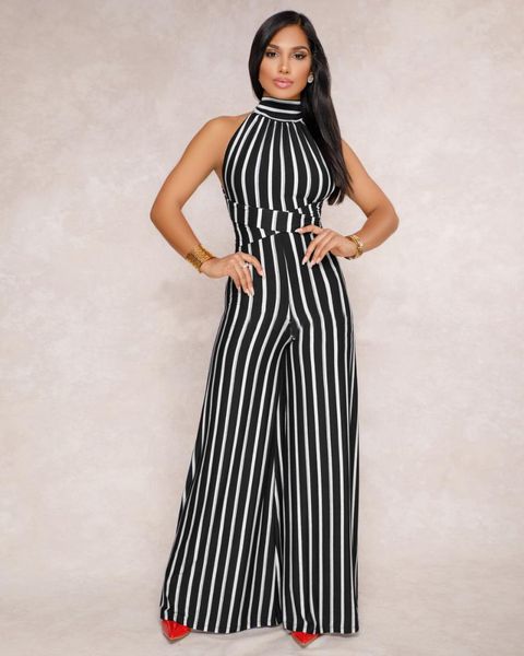 

bodycon casual romper jumpsuits for women 2018 backless striped body feminino wide leg sleeveless overalls for women, Black;white