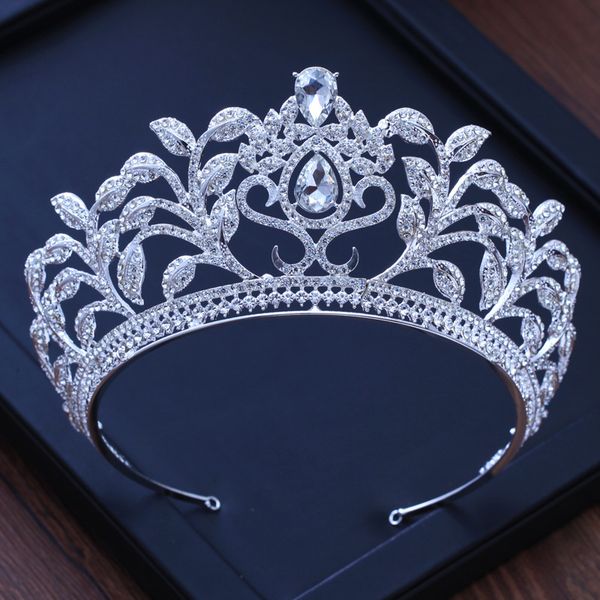 

european style bride headwear crystal leaf rhinestone crown fashion wedding hair accessories banquet headdress princess tiaras, Golden;white