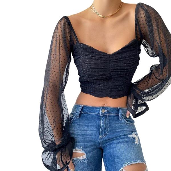 

women t-shirt harajuku mesh dot wrap fashion long sleeve u-neck haut femme cropped t-shirts, White
