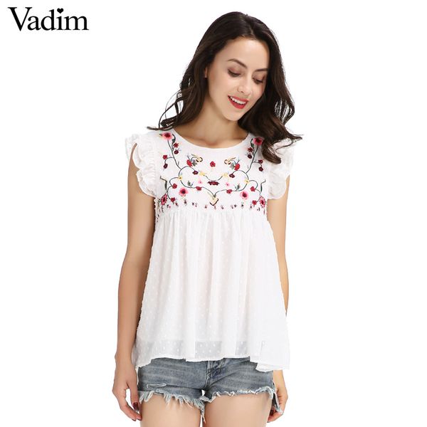

vadim sweet floral embroidery pleated ruffled shirt cute sleeveless vintage doll blouse ladies summer casual blusas wt418, White